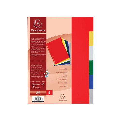 Exacompta Exacompta tabbladen voor ft A4, uit PP 12/100e, 6 tabs, geassorteerde kleuren