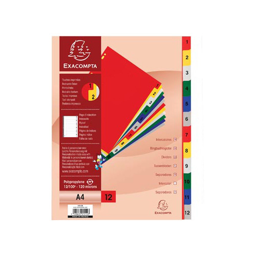 Exacompta Exacompta tabbladen numeriek voor ft A4, uit PP 12/100e, 12 kleurtabs, met indexblad, wit