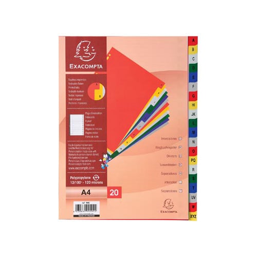 Exacompta Exacompta tabbladen voor ft A4, uit PP, van A tot Z, 20 tabs, met indexblad, geassorteerde kleuren