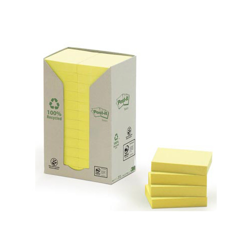 Post-it Post-it Recycled notes, 100 vel, ft 38 x 51 mm, geel, pak van 24 blokken