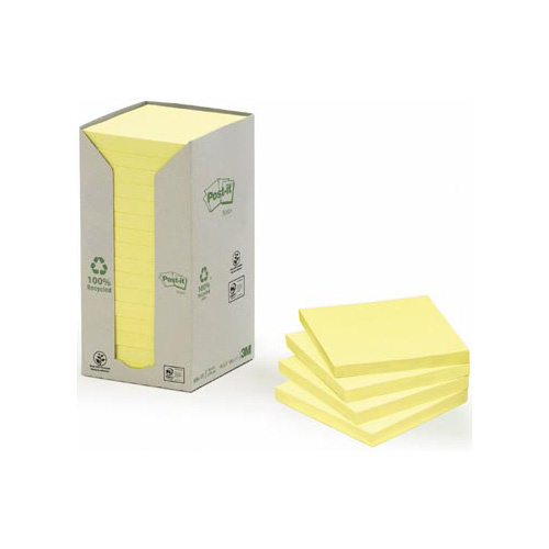 Post-it Recycled notes, 100 vel, ft 76 x 76 mm, geel, pak van 16 blokken