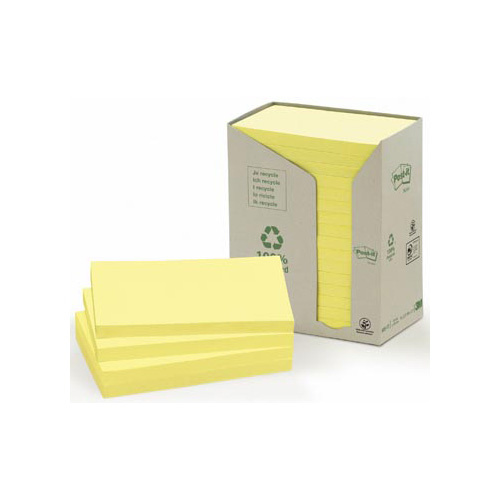 Post-it Recycled notes, 100 vel, ft 76 x 127 mm, geel, pak van 16 blokken