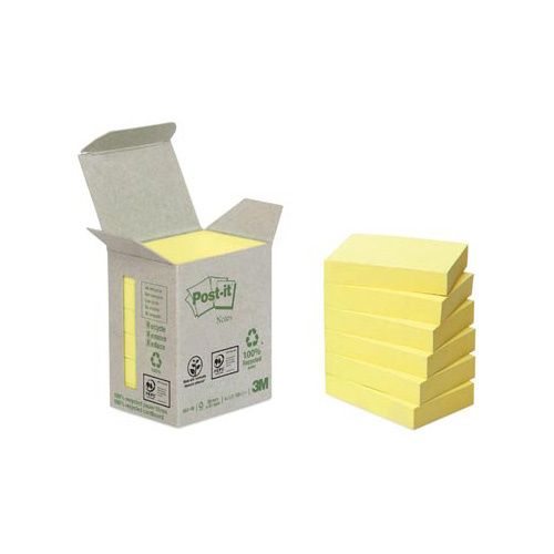 Post-it Recycled notes, 100 vel, ft 38 x 51 mm, geel, pak van 6 blokken