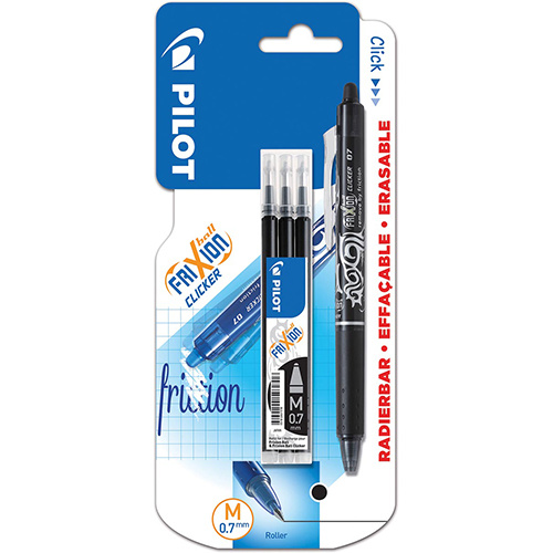 Pilot Pilot gelroller Frixion Ball Clicker, blister van 4 stuks (1 gelroller + 3 vullingen), zwart
