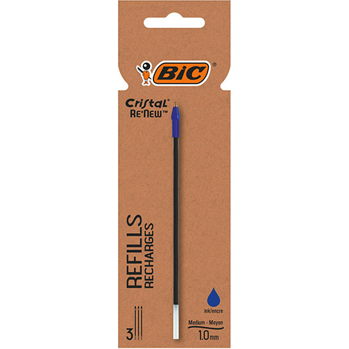 Bic BIC Cristal Re-New balpenvulling, medium, 3 st, blauw