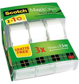 Scotch Scotch Magic onzichtbaar plakband, 19 mm x 7,5 m met afroller, 2 + 1 gratis