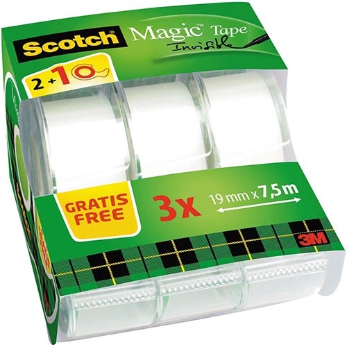 Scotch Scotch Magic onzichtbaar plakband, 19 mm x 7,5 m met afroller, 2 + 1 gratis