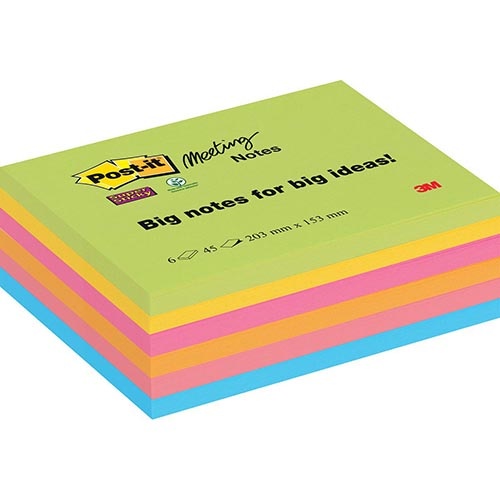 Post-It Super Sticky Post-it Super Sticky Meeting notes, 45 vel, ft 203 x 153 mm, geassorteerde kleuren, pak van 6 blokken
