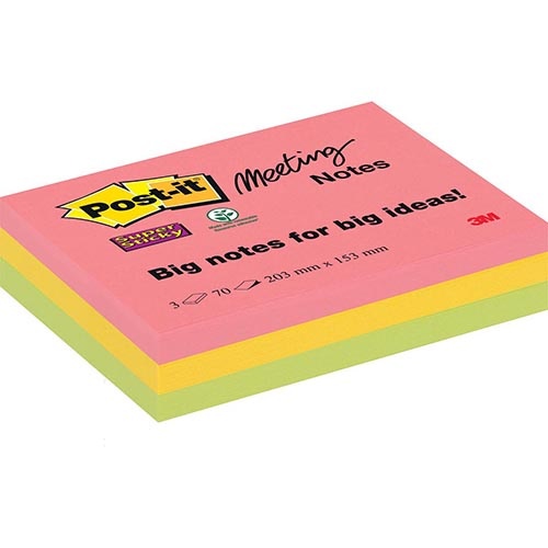 Post-It Super Sticky Post-it Super Sticky Meeting notes, 70 vel, ft 203 x 153 mm, geassorteerde kleuren, pak van 3 blokken