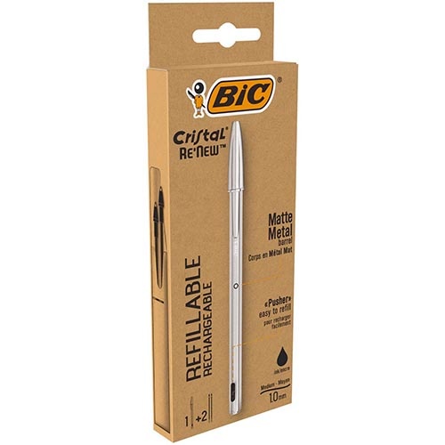 Bic Bic balpen Cristal Re-new, zilveren lichaam, zwarte inkt, doos met 1 stuk en 2 navullingen