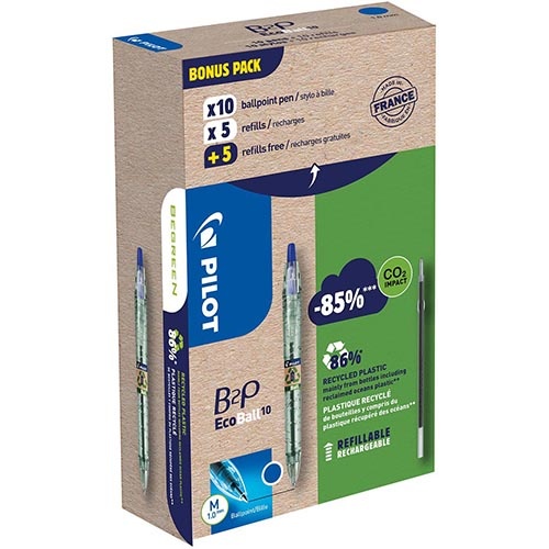 Pilot Pilot Ecoball B2P BeGreen balpen, medium punt, 0,3 mm  10 stuks + 10 vullingen, blauw