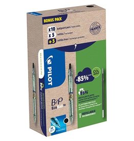 Pilot Pilot Ecoball B2P BeGreen balpen, medium punt, 0,3 mm  10 stuks + 10 vullingen, zwart