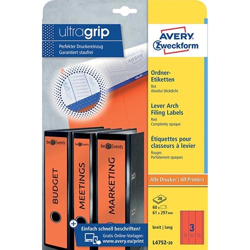 Avery Zweckform Avery Zweckform L4752-20 ordnerrugetiketten ft 29,7 x 6,1 cm (b x h), 60 etiketten, rood