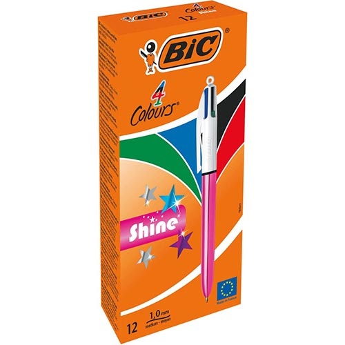 Bic Bic Colours Shine 4-kleurenbalpen, medium, klassieke inktkleuren, lichaam metallic roze