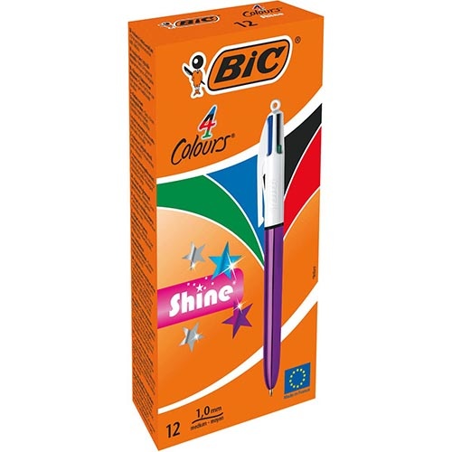 Bic Bic Colours Shine 4-kleurenbalpen, medium, klassieke inktkleuren, lichaam metallic paars