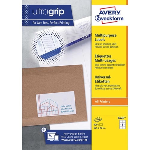 Avery Zweckform Avery Zweckform 3426, Universele etiketten, Ultragrip, wit, 100 vel, 8 per vel, ft 105 x 70 mm