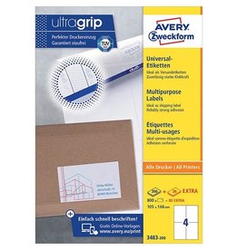 Avery Zweckform Avery Zweckform 3483-2, Universele etiketten, Ultragrip, wit, 200 vel, 4 per vel, ft 105 x 148 mm