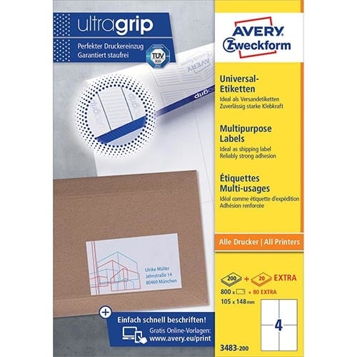 Avery Zweckform Avery Zweckform 3483-2, Universele etiketten, Ultragrip, wit, 200 vel, 4 per vel, ft 105 x 148 mm