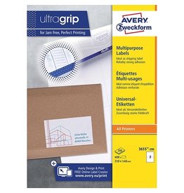 Avery Zweckform Avery Zweckform 3655-2, Universele etiketten, Ultragrip, wit, 200 vel, 2 per vel, ft 210 x 148 mm