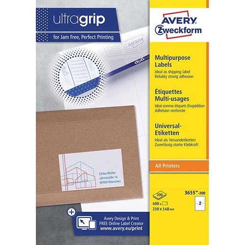 Avery Zweckform Avery Zweckform 3655-2, Universele etiketten, Ultragrip, wit, 200 vel, 2 per vel, ft 210 x 148 mm