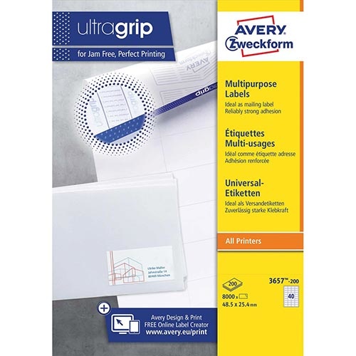 Avery Zweckform Avery Zweckform 3657-2, Universele etiketten, Ultragrip, wit, 200 vel, 40 per vel, ft 48,5 x 25,4 mm