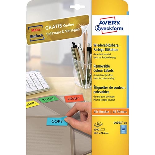 Avery Zweckform Avery gekleurde etiketten ft 38,1 x 21,2 mm (b x h), afneembaar, blauw, 1300 stuks, 65 per blad