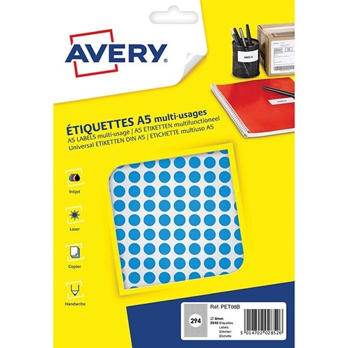 Avery Avery PET08B ronde markeringsetiketten, 2940 st., blauw
