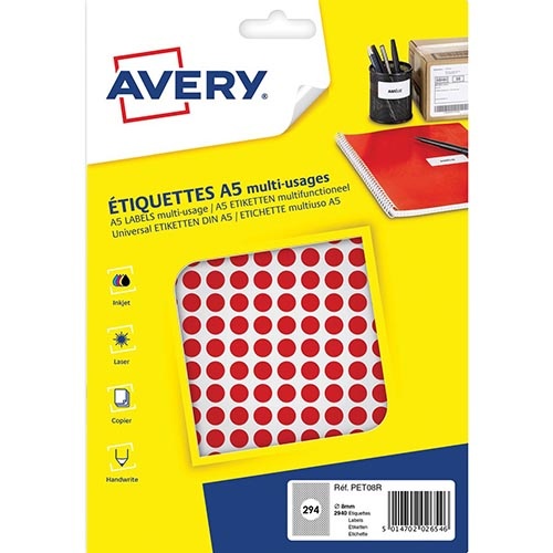 Avery Avery PET08R ronde markeringsetiketten, 2940 st., rood