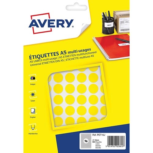 Avery Avery PET15J ronde markeringsetiketten, diameter 15 mm, blister van 960 stuks, geel