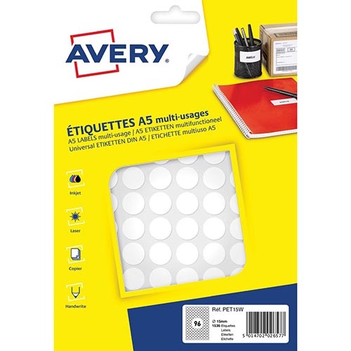 Avery Avery PET15W ronde markeringsetiketten, diameter 15 mm, blister van 1536 stuks, wit