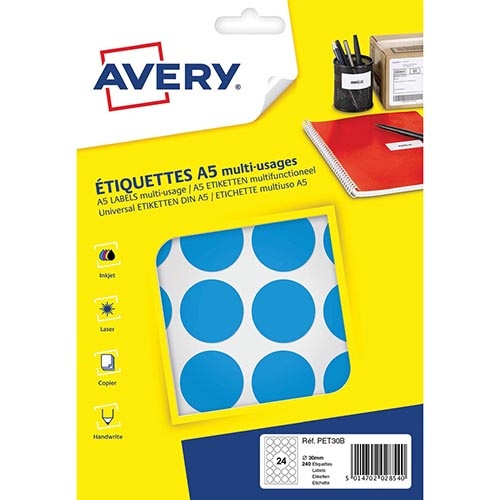 Avery Avery PET30B ronde markeringsetiketten, 240 st., lichtblauw