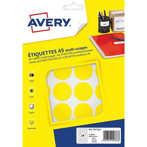 Avery Avery PET30J ronde markeringsetiketten, diameter 30 mm, blister van 240 stuks, geel