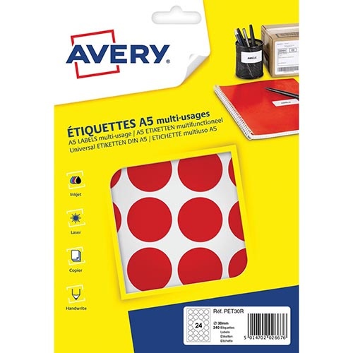 Avery Avery PET30R ronde markeringsetiketten, diameter 30 mm, blister van 240 stuks, rood