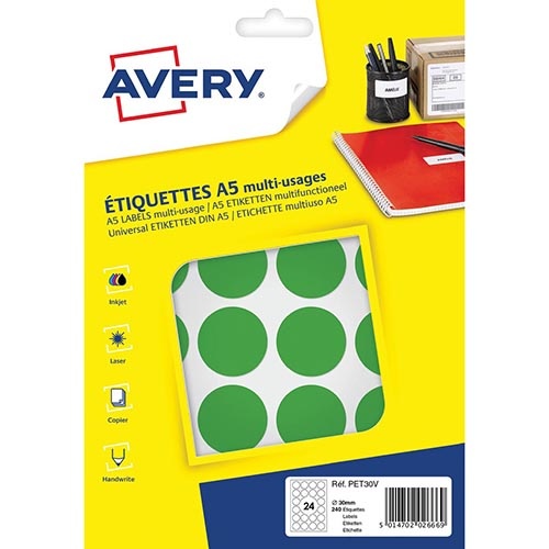 Avery Avery PET30V ronde markeringsetiketten, diameter 30 mm, blister van 240 stuks, groen