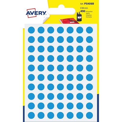 Avery Avery PSA08B ronde markeringsetiketten, diameter 8 mm, blister van 490 stuks, lichtblauw