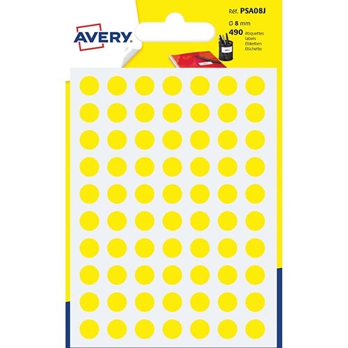 Avery Avery PSA08J ronde markeringsetiketten, diameter 8 mm, blister van 490 stuks, geel
