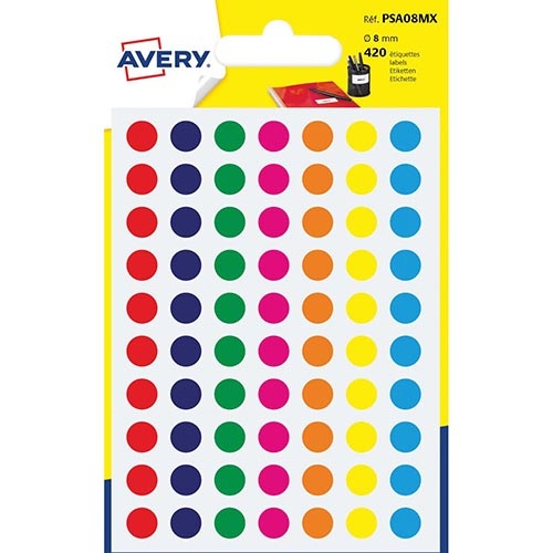 Avery Avery PSA08MX ronde markeringsetiketten, diameter 8 mm, blister van 420 stuks, geassorteerde kleuren