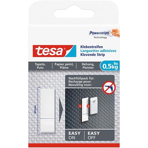 Tesa Tesa Klevende strip navulling, draagkracht 0,5 kg, behang en pleisterwerk, pak van 9 stuks
