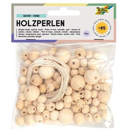 Folia Folia houten parels, natuur, blister van 84 stuks in geassorteerde maten