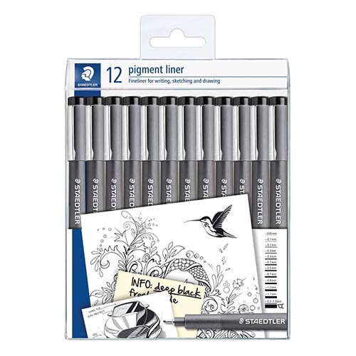 Staedtler Staedtler pigment liner fineliner, verschillende schrijfbreedtes, set van 12 stuks, zwart