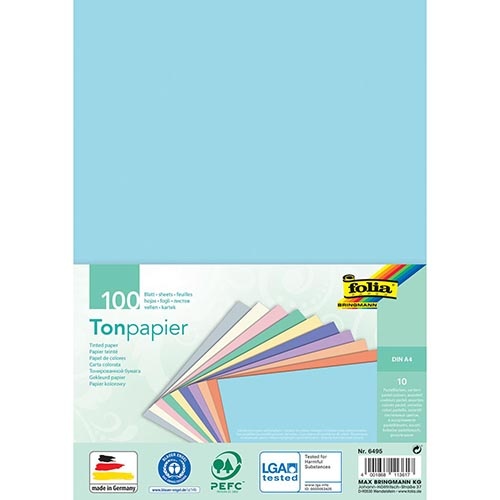 Folia Folia gekleurd tekenpapier, 130 g, ft 21 x 29,7 cm, A4, geassorteerde kleuren, pastel, pak van 100 vel