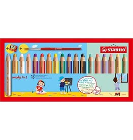 Stabilo STABILO woody 3in1 kleurpotlood, etui van 18 stuks in geassorteerde kleuren + slijper + penseel