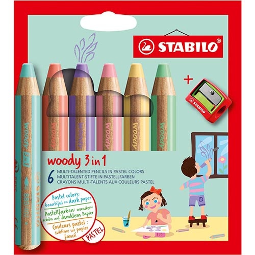 Stabilo STABILO woody 3in1 kleurpotlood, etui van 6 stuks in pastel kleuren