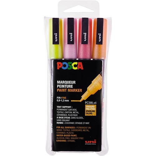 Posca Posca paintmarker PC-3M, 4 markers, geel-oranje-roze-rood