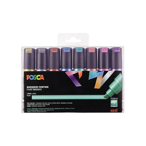 Posca Uni POSCA paintmarker PC-8K, 8 mm, etui van 8 stuks, in geassorteerde metallic kleuren