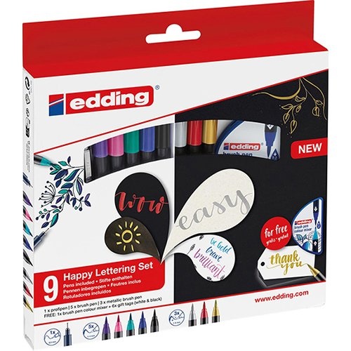 Edding Edding Happy Lettering brushpen, assorti, set van 9 stuks