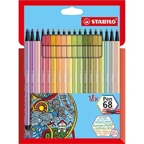 Stabilo STABILO Pen 68 viltstift, kartonnen etui van 18 stuks in geassorteerde zachte kleuren