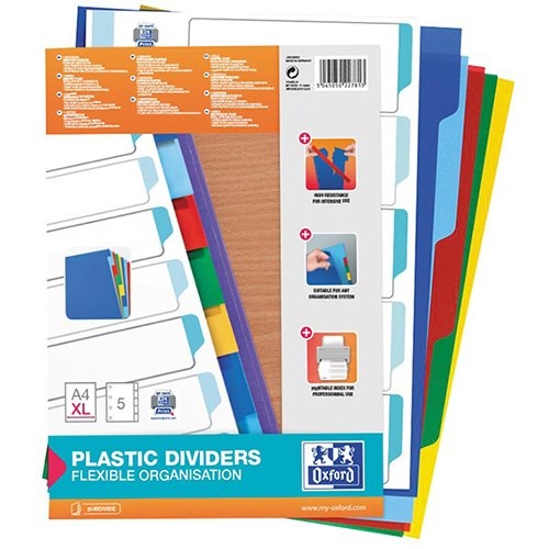 Oxford Oxford tabbladen, formaat A4 XL, uit PP, 11-gaatsperforatie, onbedrukt, 5 gekleurde tabs