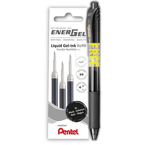 Pentel Pentel vulling Energel, 0,7 mm, zwart, 3 stuks + roller (GRATIS)