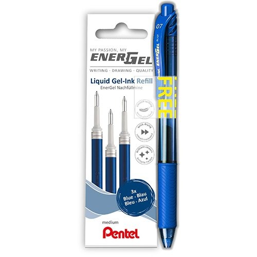 Pentel Pentel vulling Energel, 0,7 mm, blauw, 3 stuks + roller (GRATIS)